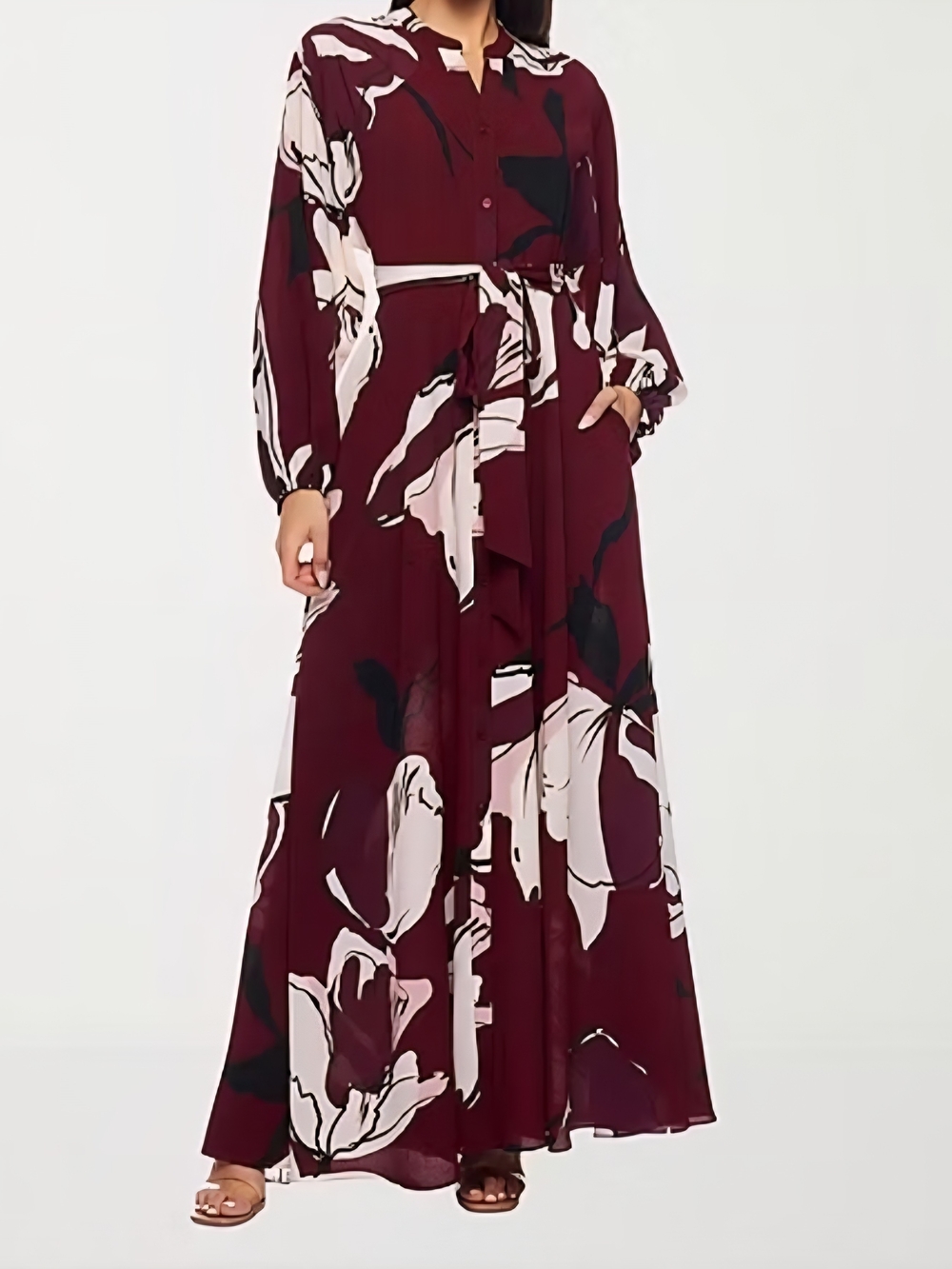 Women's Burgundy Floral Tie-Waist Maxi Dress - Picture 3 of 3